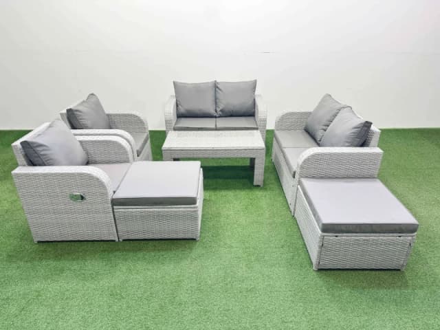 Fimous 8 Seater Outdoor Reclining Chair Love Sofa Set Rattan Garden Furniture Set with Oblong Coffee Table 2 Big FootStools Light Grey Light Grey