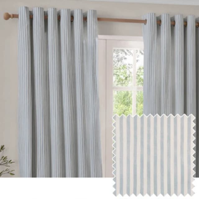 Yard Hebden Striped Cotton Eyelet Curtains, Mineral Blue, (W) 229 X (D) 137Cm