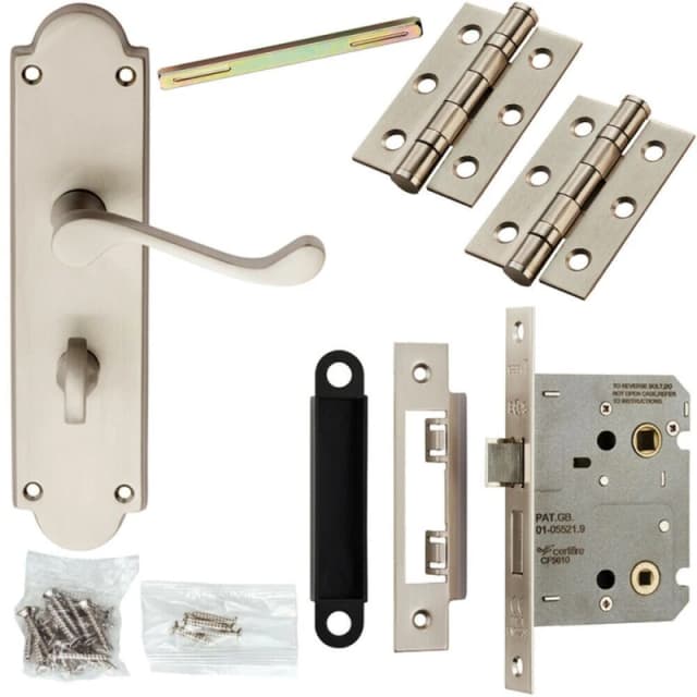 Loops Door Handle & Bathroom Lock Pack Satin Chrome Victorian Scroll Ornate Backplate Multi