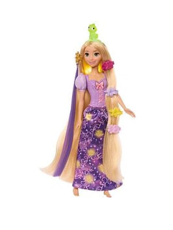 Mattel Disney Princess Rapunzel Modepuppe mit leuchtendem Haar und 4 weiteren Leuchtmoglichkeiten Pascal-Figur und 7 Styling-Zubehorteilen inspirier