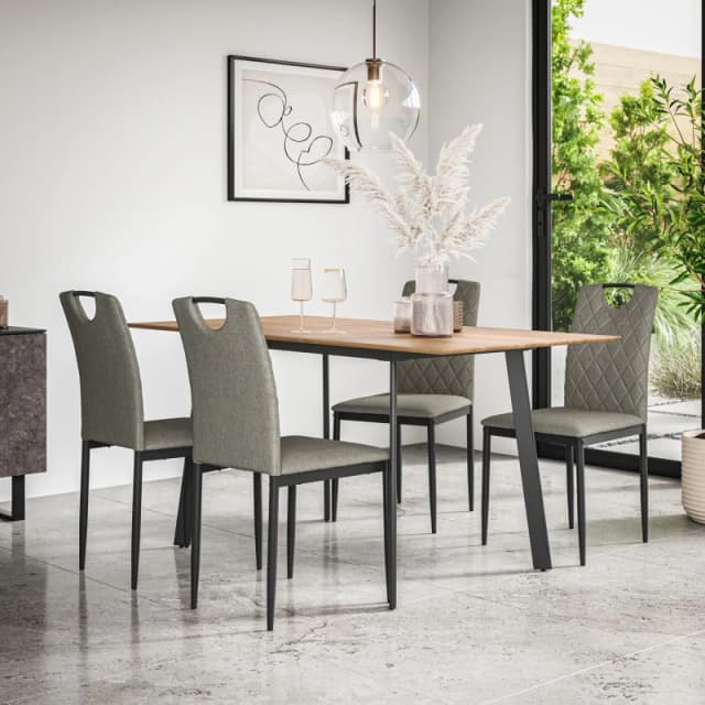 More4Homes Haydon Extending Dining Table And Chairs - Oak Effect Table Top W Black Legs + Monza Linen Dining Chair Set Of 4 (Grey)