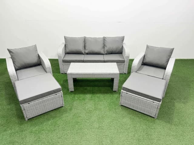 Fimous PE Rattan Garden Furniture Set Reclining Chair Sofa Lounge Sofa Set Rectangular Coffee Table 2 Big Footstool Light Grey Light Grey