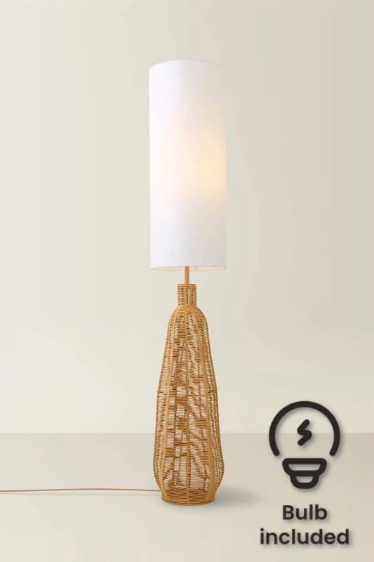 ValueLights ValueLights Una White Tall Lamp Shade Natural Rattan Midi Floor Lamp with LED Bulb White One Size Unisex 5059406066375