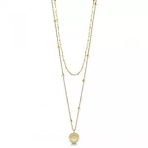 GUESS gold plated 16-20" double necklace with bead details and logo coin pendant with Swarovski crystals.