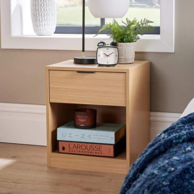 Home Source Phoenix 1 Drawer Bedside Table Nightstand Storage Unit Oak-Effect Bedroom Furniture