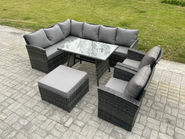 Fimous 9 Seater Rattan Garden Furniture Sets High Back Corner Sofa Rectangular Dining Table Set with Big Footstool 2 Armchairs Dark Grey Mixed Dark Gr