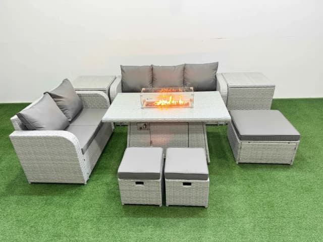 Fimous 8 Seater PE Rattan Wicker Garden Furniture Patio Conservatory Sofa Set with Firepit Dining Table 3 Seater Sofa Love Sofa 3 Stool 2 Side Table L