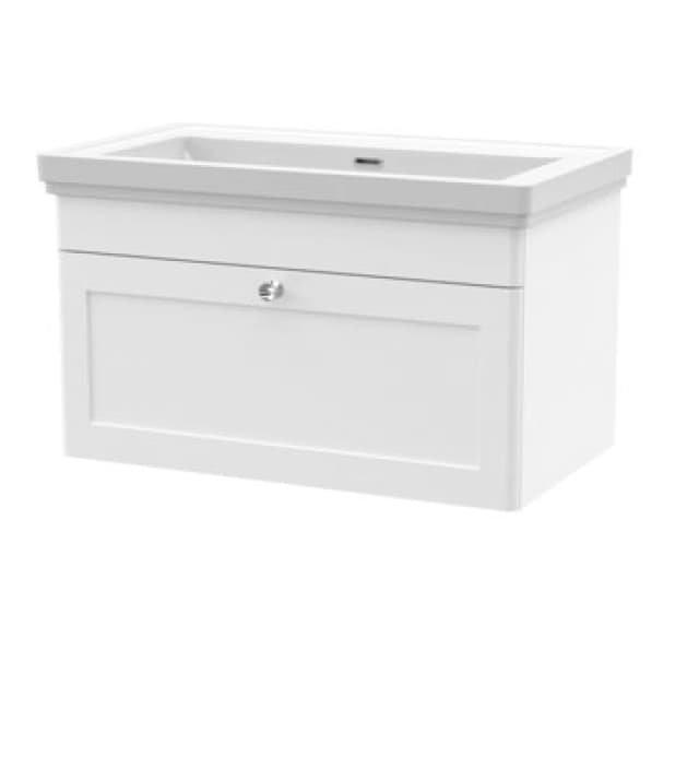 nuie 800mm Wall Hung 1 Drawer Vanity & Basin 0TH - Satin White CLC196H