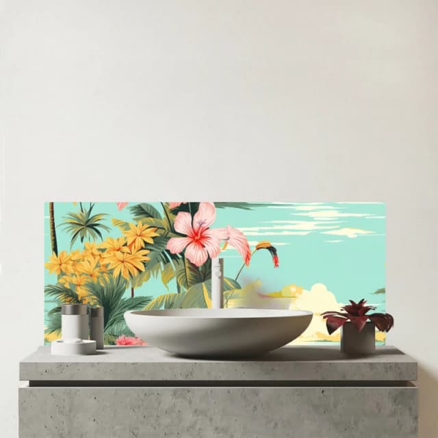 Warren Reed - Designer Palm Trees & Hibiscus Glass Bathroom Splashback in Green Green Unisex