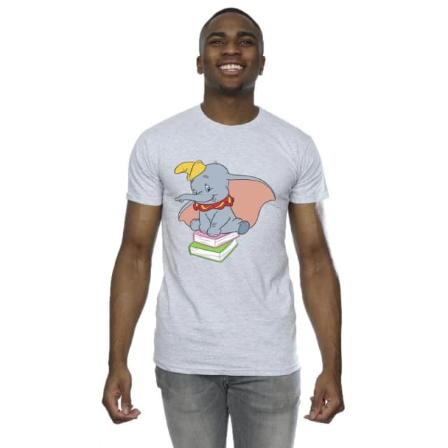 Disney Men Dumbo Sitting On Books T-Shirt in Grey Size: Small Grey S Male 5063153512665