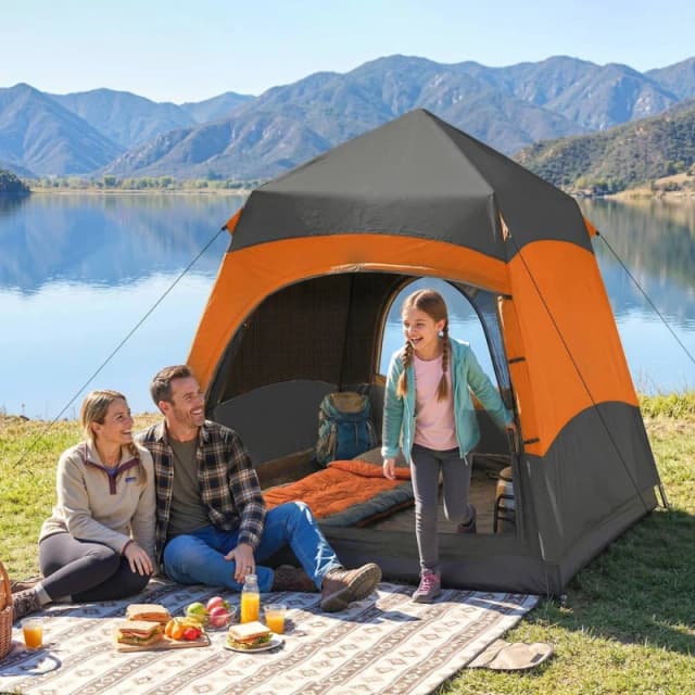 OUTSUNNY Double Layer Pop Up Tent with Rainfly, Portable Camping Shelter in Orange Orange Unisex