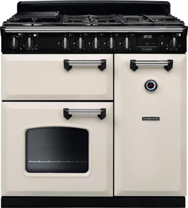 Rangemaster Classic CL90DFPPCR/CM1 90cm wide Dual Fuel Range Cooker with Gas Hob - Cream / Chrome - A/A Rated