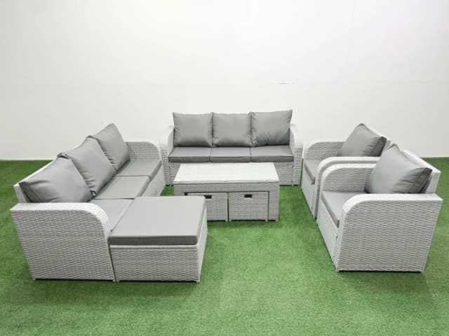 Fimous PE Rattan High Back Lounge Sofa Set Patio Oblong Coffee Table & Chairs Set with 3 Seater Sofa Reclining Chair 3 Stools Light Grey Light Grey