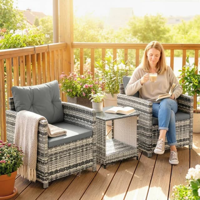OUTSUNNY Rattan Garden Furniture Bistro Set with Cushion in Grey Grey Unisex