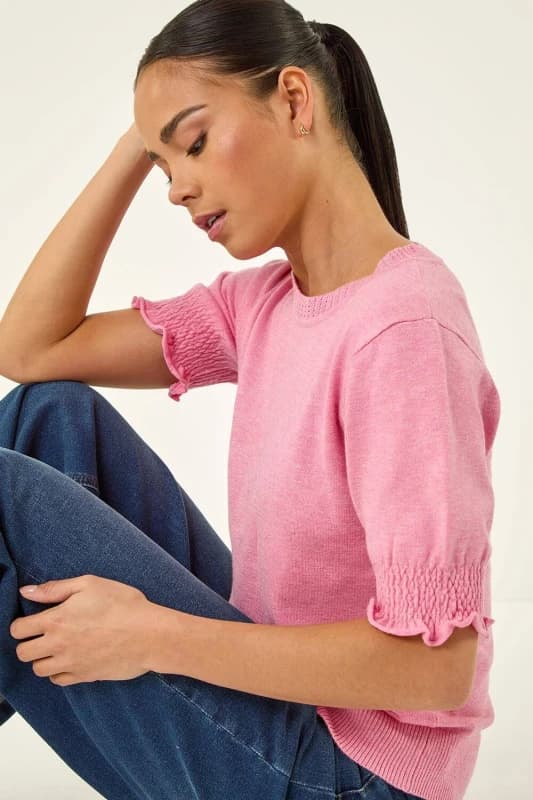 Roman Womens Petite Shirred Sleeve Knit Top in Light Pink Size: 14 Light Pink Female 14