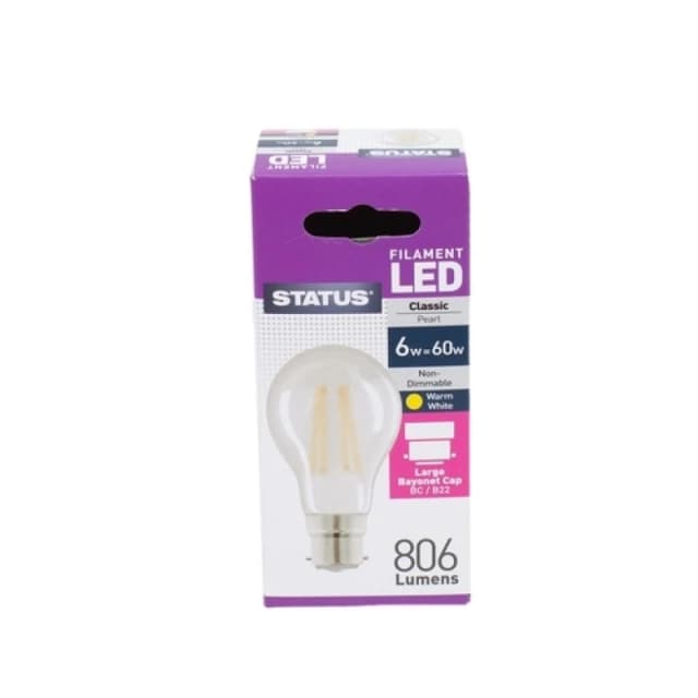 Status 6W GLS LED Filament Pearl Bulb - BC 6SFGBCP1PKB8