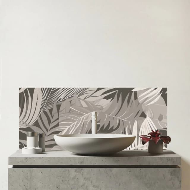 Warren Reed - Designer Grey Brown Tropical Leaves Glass Bathroom Splashback Grey Unisex