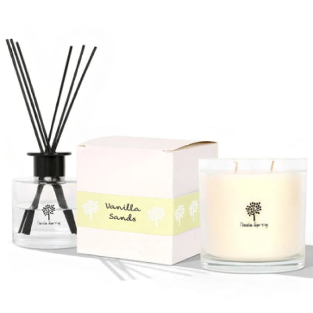 Nicola Spring Candle & Diffuser Set - 400G Vanilla Sands Soy Wax Jar & 200ml Reed Diffuser - Sweet Creamy Scent Double Wick