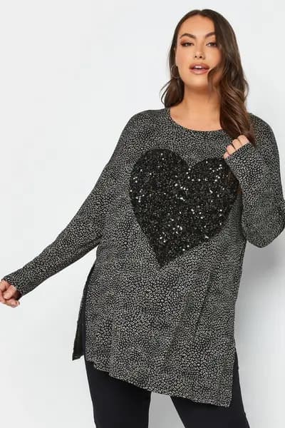 Yours Sequin Animal Print Top Grey