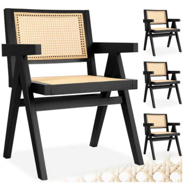 Tectake Set Of 4 Dining Chair Lizzy With Mid-Century Modern Design, Rattan Backrest And Solid Wood Frame - Black