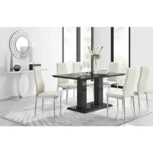 Furniturebox Imperia 6 High Gloss Black Modern Dining Table and 6 Cream Milan Faux Leather Dining Chairs With Silver Legs Diamond Stitch Modern