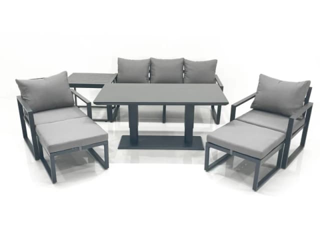 Fimous Outdoor Aluminium Garden Furniture Set with Adjustable Rising Lifting Dining Table 3 Seater Sofa 2 Chair 2 Big Footstools Side Table Dark Grey