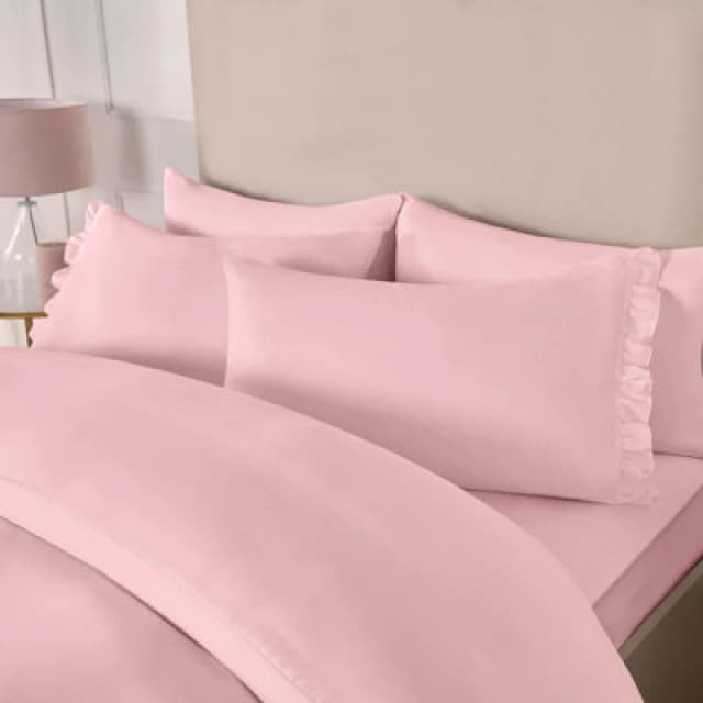 OHS OHS Frill Edge Decor Duvet Cover with Pillowcase Bedding Set in Pink Size: King Pink King Unisex 5027434204632