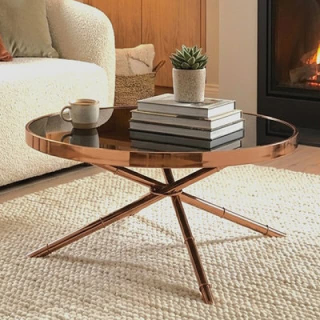 Premier Housewares Versatile 3 Leg Coffee Table, Rose Gold Finish Table For Livingroom, Tempered Glass Top Display Table Black