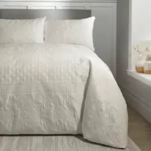 Avery Stripe Pinsonic Textured Peach Skin Duvet Cover Set, Natural, Double - Serene