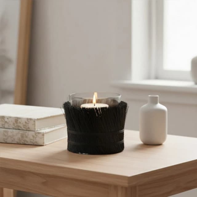 Orsina Modern Black Candle Holder, Coastal Styled Small Candle Holder, Natural Black And Round Glass Candle Holder