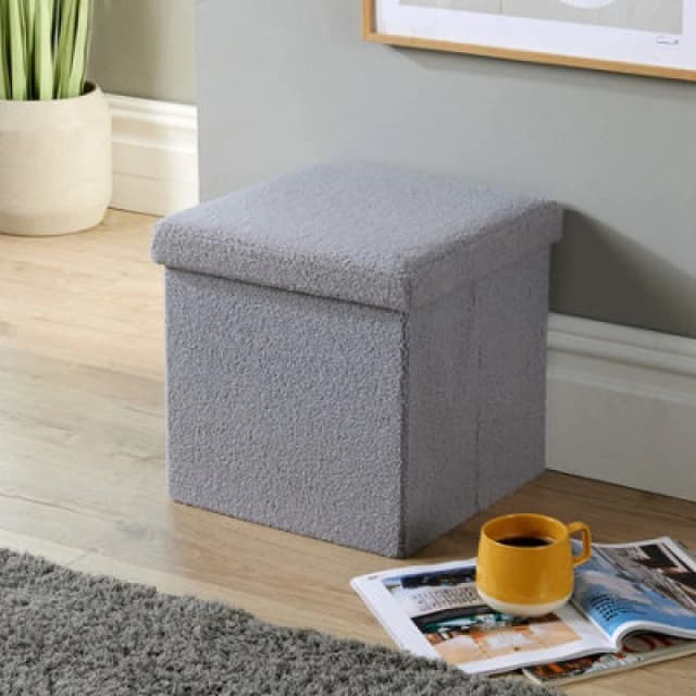 Home Source Teddy Fur Square Folding Storage Ottoman Grey