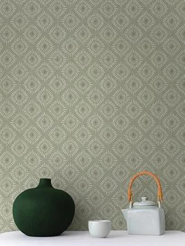 HOLDEN DECOR Holden Decor - Indian Sunburst Sage Wallpaper Metallic Silver Effect Feature Wall WL-13840