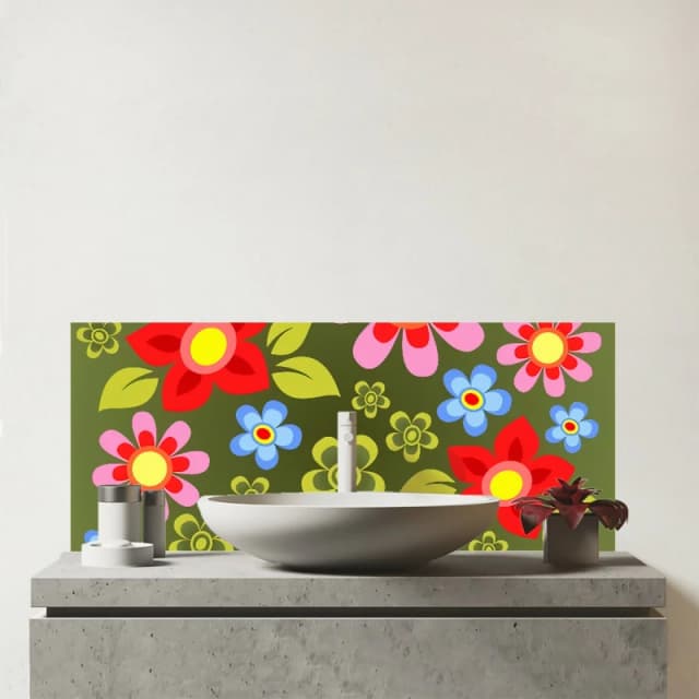 Warren Reed - Designer Red & Blue Flowers Glass Bathroom Splashback in Green Green Unisex