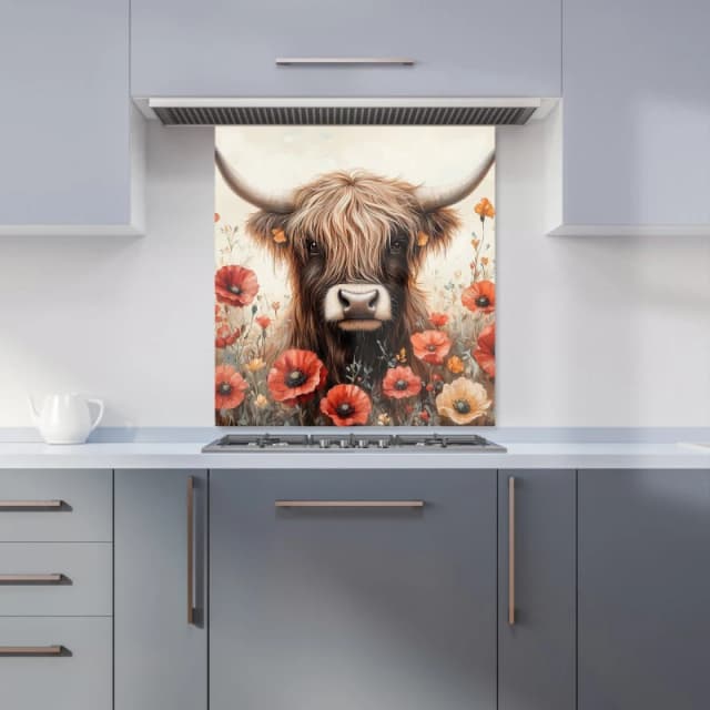 Warren Reed - Designer Highland Cow & Summer Flowers Kitchen Splashback Size: 700mm x 750mm Multicolor Unisex 700mm x 750mm