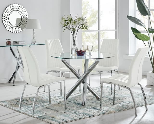 FurnitureboxUK FurnitureboxUK Selina Round Glass Chrome Leg Dining Table and Isco Chairs in Off White Size: 4 Person Off White 4 Person Unisex 50565