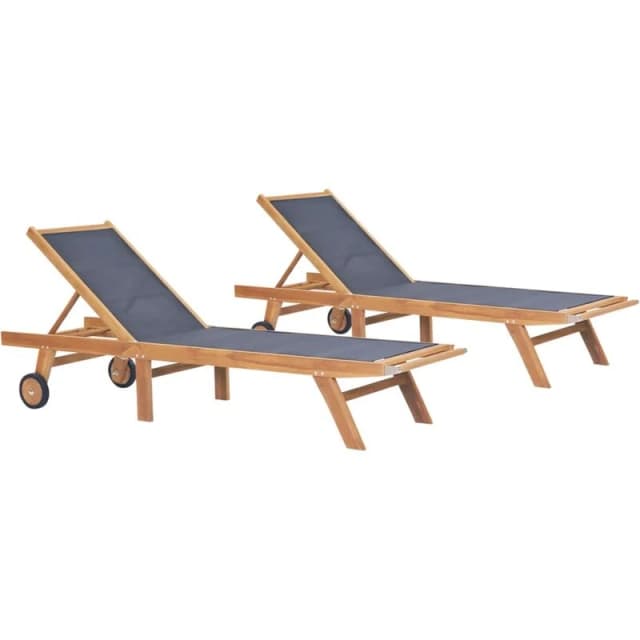 VIDAXL Folding Sun Loungers with Wheels 2 pcs Solid Teak and Textilene Vidaxl 8720286442104