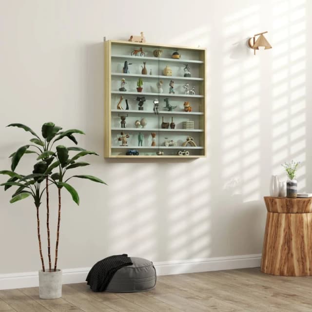 HOMCOM 7-Tier Wall Display Cabinet w/ Adjustable Shelves Glass Doors in Light Brown Size: Large Light Brown Unisex Large