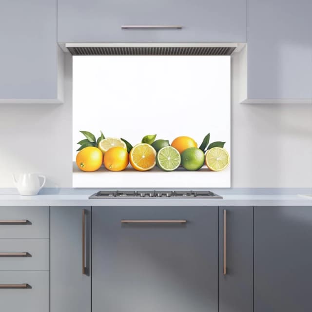 Warren Reed - Designer Citrus Parade on White Kitchen Splashback in Purple Size: 600mm x 750mm Purple Unisex 600mm x 750mm