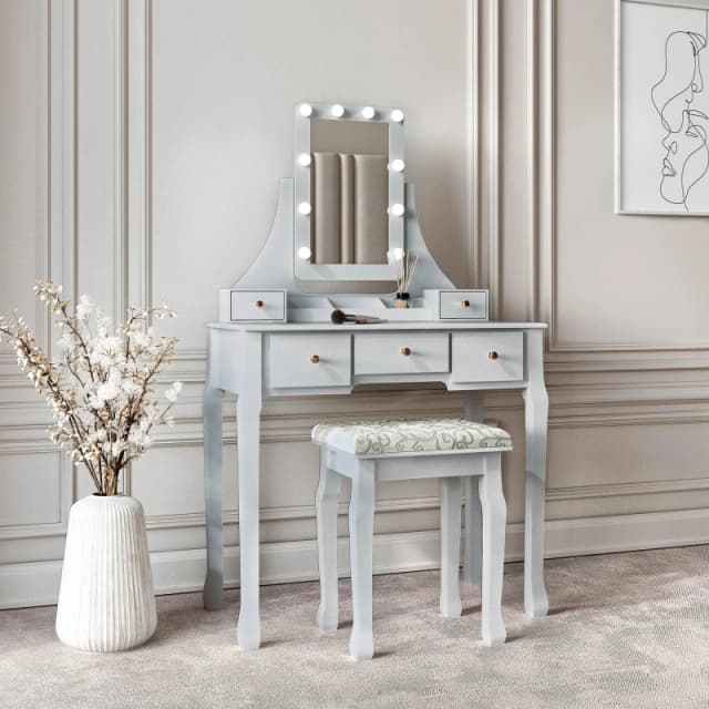 CARME HOME Arianna Deluxe Grey Dressing Table with Hollywood Mirror Lights Grey Unisex