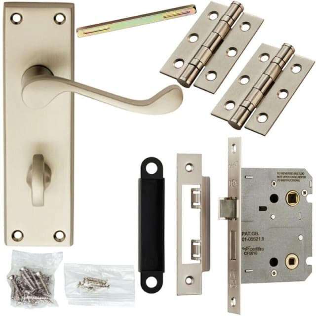 Loops Door Handle & Bathroom Lock Pack Satin Chrome Victorian Scroll Bar Backplate Multi