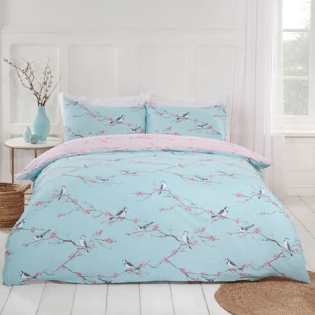 OHS OHS Blossom Bird Reversible Duvet Cover with Pillowcase Bedding Set in Duck Egg Blue Size: Double Duck Egg Blue Double Unisex 5027434126637