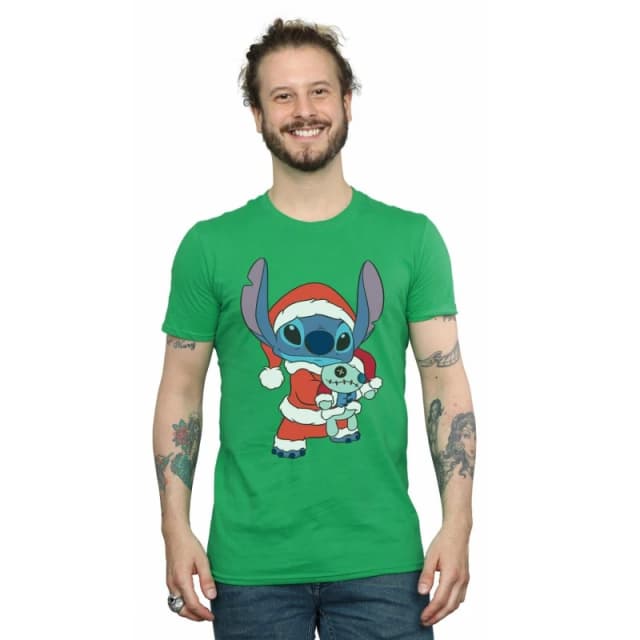 Disney Men Lilo And Stitch Stitch Christmas T-Shirt in Green Size: Small Green S Male 5059400307863