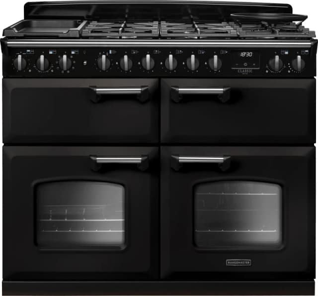 Rangemaster Classic Deluxe CLDLB110DFPCBL/CM1 110cm wide Dual Fuel Range Cooker with Gas Hob - Charcoal Black / Chrome - A Rated