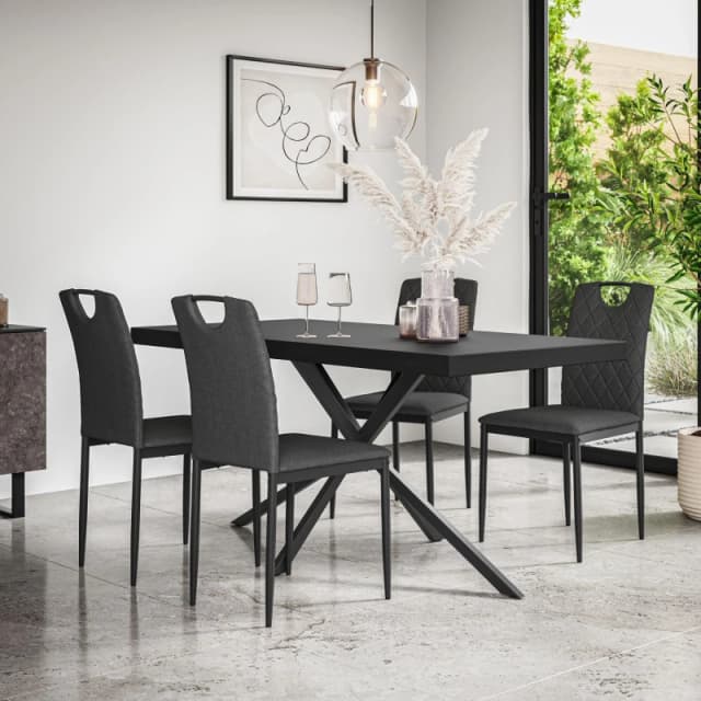 More4Homes Donni Dining Table And Chairs - Black Table Top W Black Legs + Monza Linen Dining Chair Set Of 6 (Charcoal)