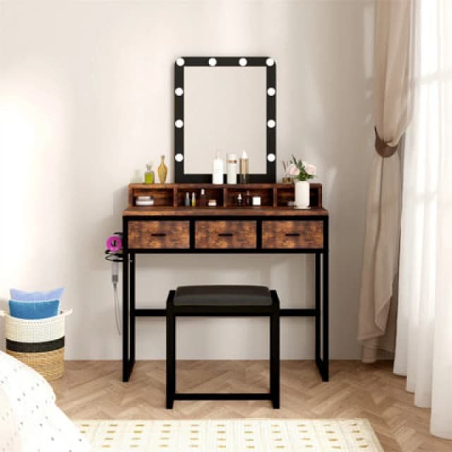 Furniturehmd Vanity Set With LED Lighted Mirror, Makeup Vanity Table And Stool With 3 Drawers & Storage Compartments, Industrial R