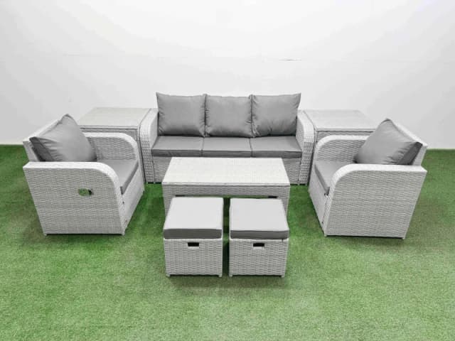Fimous PE Rattan Garden Furniture Set Reclining Chair Sofa Lounge Sofa Set Rectangular Coffee Table 2 Side Table 2 Small Stools Light Grey Light Grey