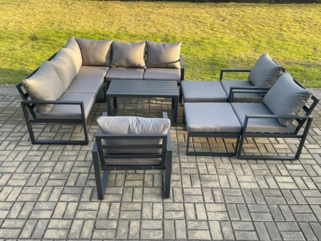Fimous 10 Seater Aluminium Outdoor Garden Furniture Set Patio Lounge Sofa with Oblong Coffee Table Chair 2 Big Footstools Dark Grey Dark Grey Unisex