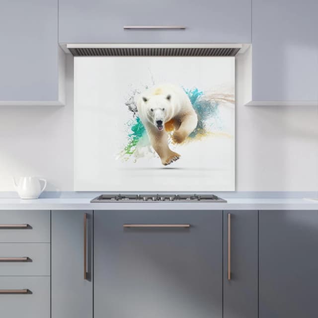Warren Reed - Designer Charging Polar Bear Kitchen Splashback in White Size: 600mm x 750mm White Unisex 600mm x 750mm