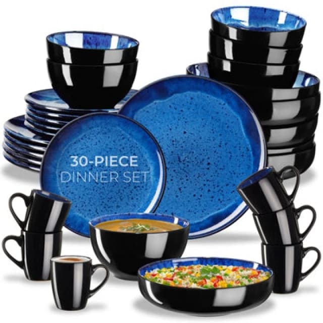 Tectake 30 PC Dinner Set Mare In Glazed Stoneware For 6 People, Microwave- And Dishwasher-Safe - Blue