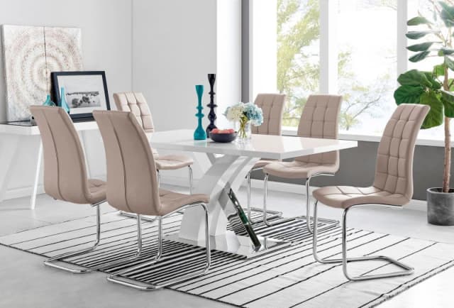 FurnitureboxUK FurnitureboxUK Atlanta Modern Rectangle Chrome Metal High Gloss White Dining Table And 6 Murano Chairs Set in Beige Beige One Size Unis